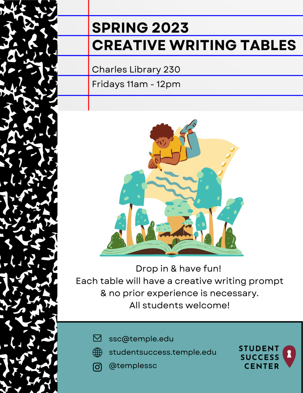 Flier for Creative Writing Tables, Fridays 11-12 in Charles 230 (Student Success Center)