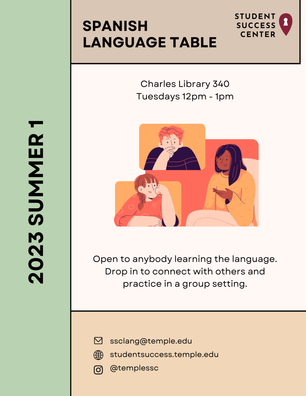 Flyer for Spanish table shows in image of people chatting and provides the time and place for the table