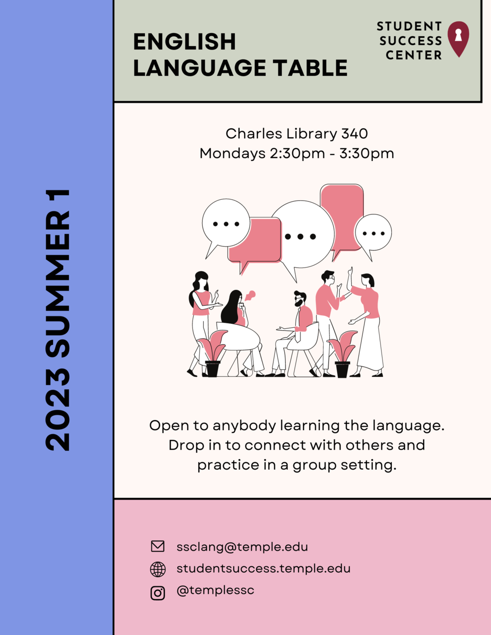 Flyer for English table shows in image of people chatting and provides the time and place for the table