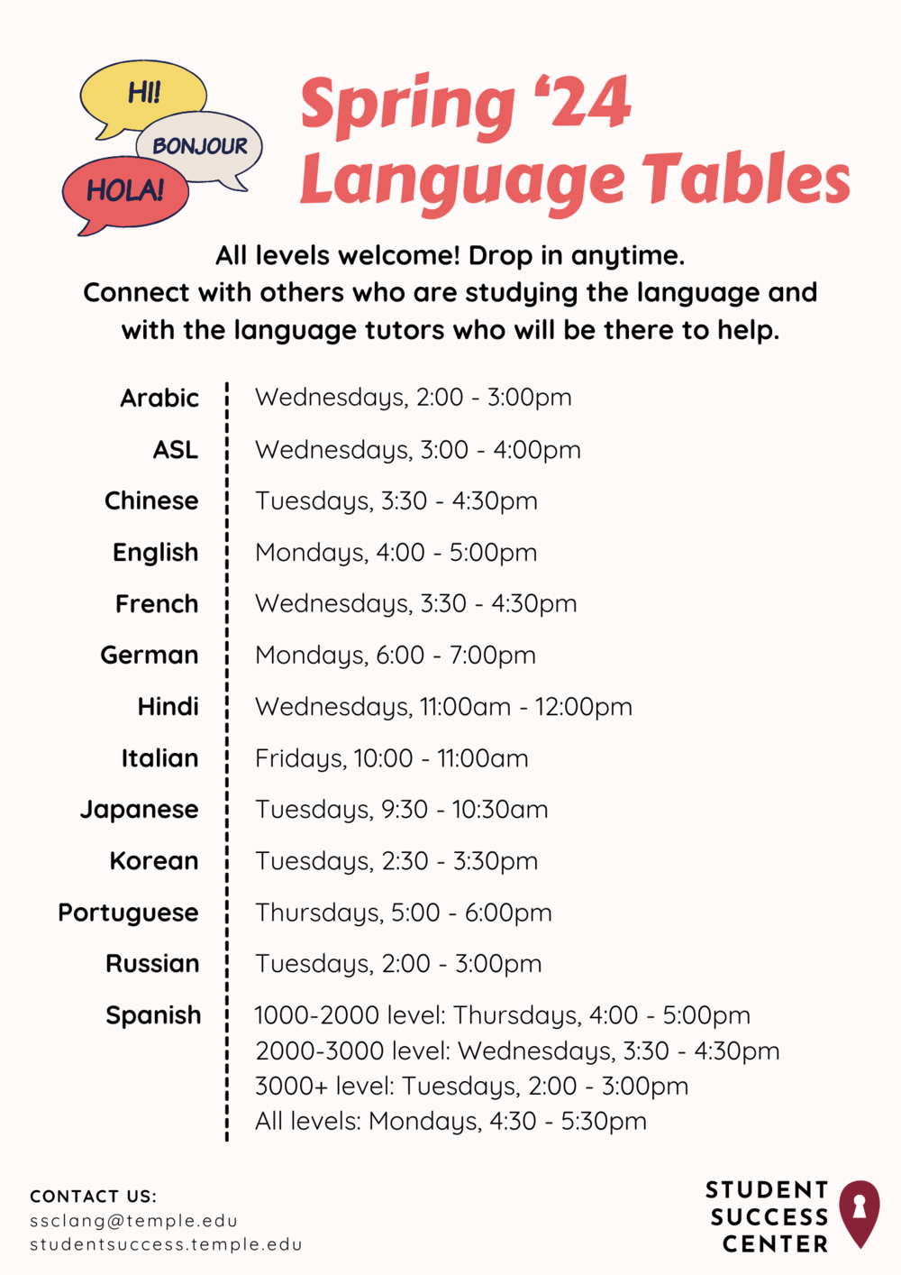 Flyer for spring 2024 language tables shows the list of tables and days and times (also in table below).