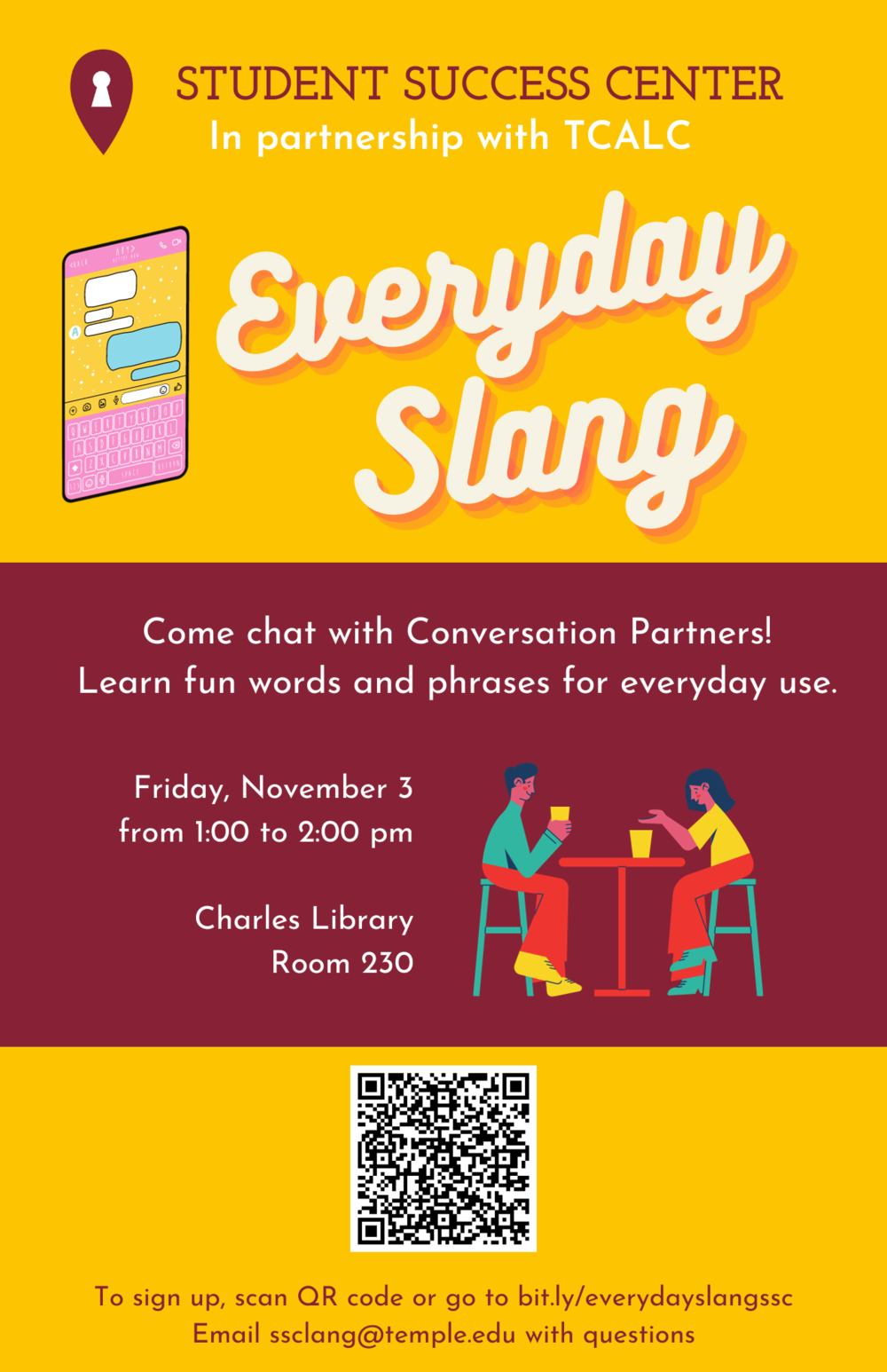 Flyer for everyday slang event shows people chatting at a table with the same information as above.